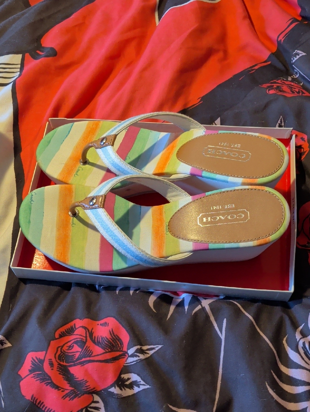 Coach Multicolor Striped Platform Thong Sandals